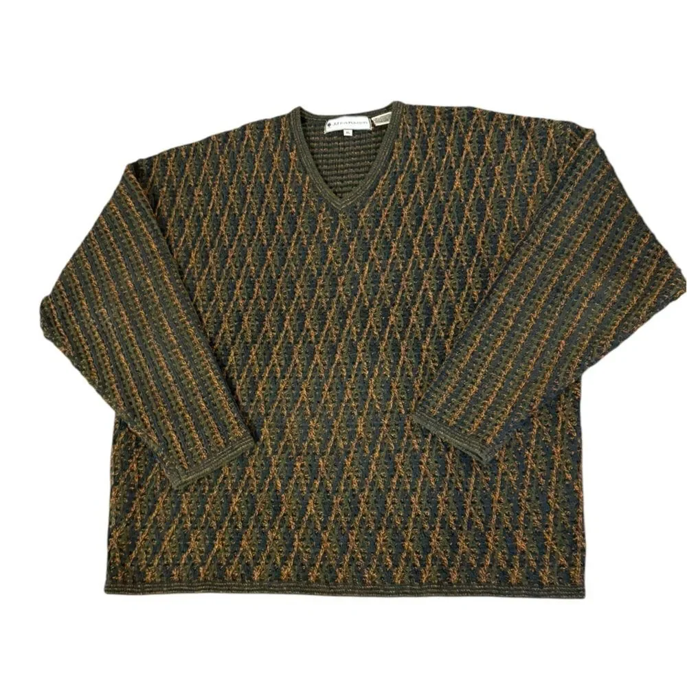 JJ Farmer Vintage Wool Blend Sweater Textured Knit V Neck Retro Mens Size XL